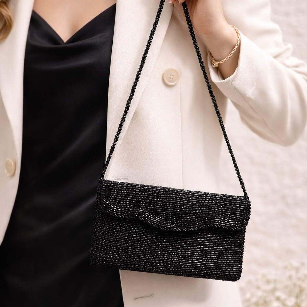 Black Beaded Evening Bag–Holiday Party, NYE Cocktail Purse, Sparkly Shoulder Bag